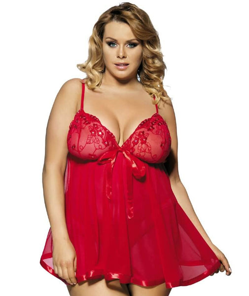 Curvy Mesh & Lace Cup Babydoll Nightdress with G-String - Red - Curvy Bras