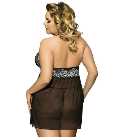 Curvy Mesh & Lace Halter Babydoll with G-String - Black Babydoll / Chemise