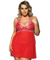 Curvy Mesh & Lace Halter Babydoll with G-String - Red Babydoll / Chemise