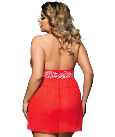 Curvy Mesh & Lace Halter Babydoll with G-String - Red Babydoll / Chemise