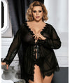 Curvy Mesh & Lace Trim Robe with Thong - Black Babydoll / Chemise