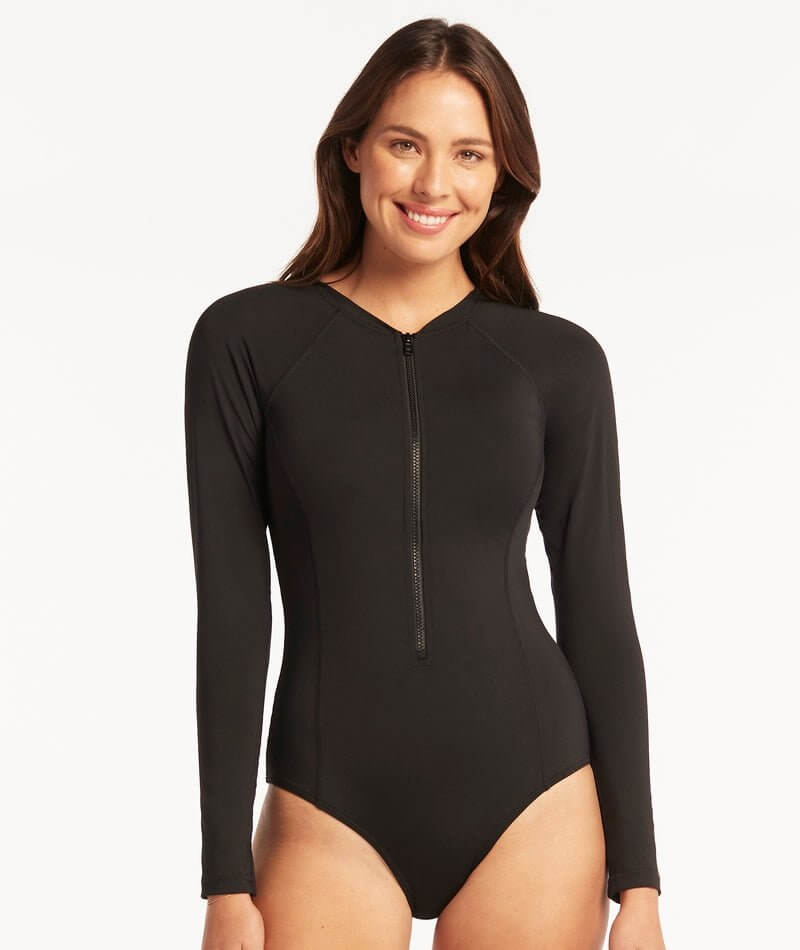 Sea Level Eco Essentials Long Sleeve A-DD Cup One Piece Swimsuit - Black Swim