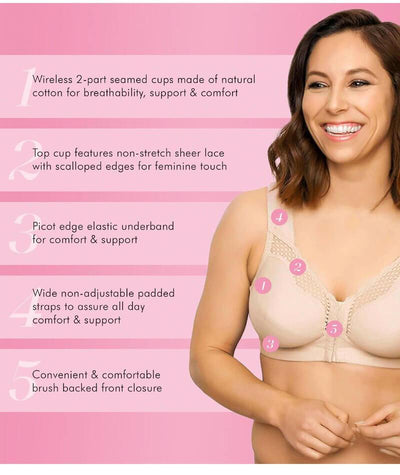 Exquisite Form Fully Front Close Wirefree Cotton Posture Bra With Lace - Nude Bras