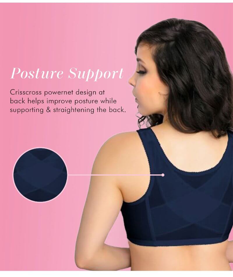 Exquisite Form Fully Front Close Wire-free Posture Bra With Lace - Nav -  Curvy Bras