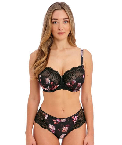 Lace Unlined Side Support Bra 38DDD, Black On Black