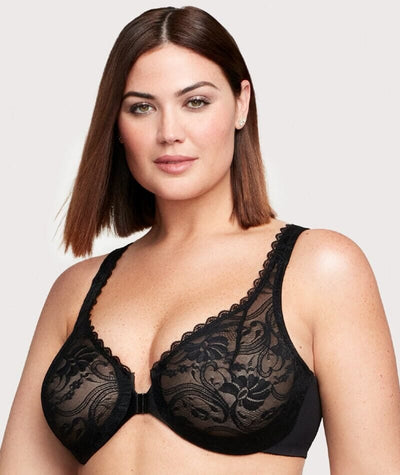 Glamorise WonderWire Front-Closure Stretch Lace Bra - Black - Curvy Bras