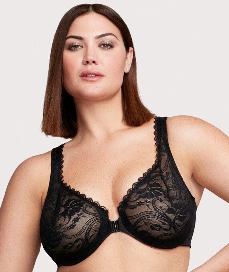 Glamorise WonderWire Front-Closure Stretch Lace Bra - Black