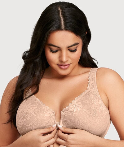 Glamorise WonderWire Front-Closure Stretch Lace Bra - Cafe Bras