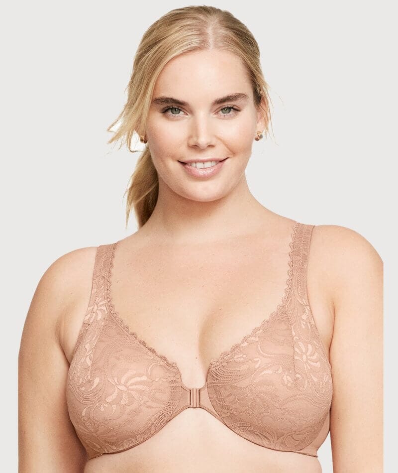 Glamorise WonderWire Front-Closure Stretch Lace Bra - Cappuccino - Curvy  Bras