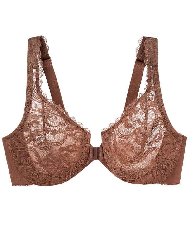 Glamorise WonderWire Front-Closure Stretch Lace Bra - Mocha - Curvy Bras