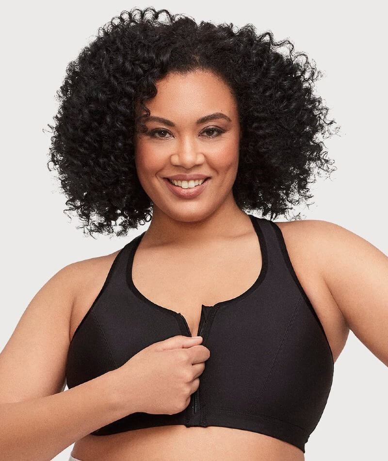 Glamorise Zip Up FrontClosure Wirefree Sports Bra Black Curvy Bras