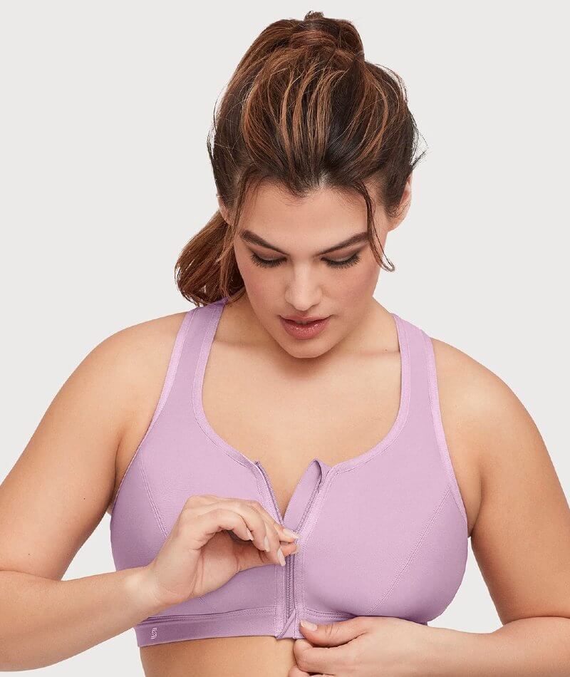 Glamorise Zip Up Front-Closure Wire-free Sports Bra - Lavender - Curvy Bras