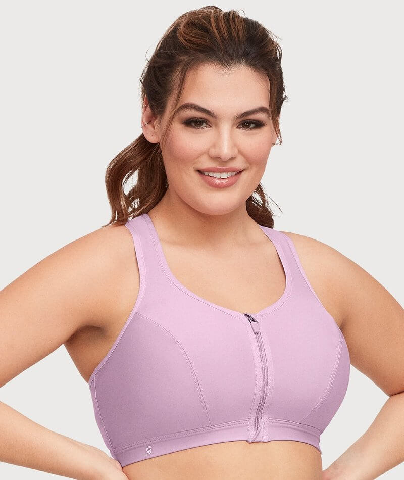 Glamorise Zip Up Front-Closure Wire-free Sports Bra - Lavender - Curvy Bras