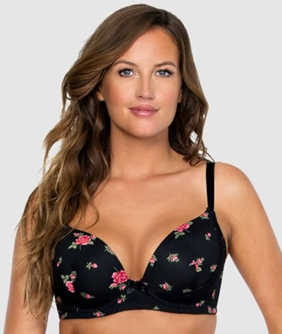 Parfait Casey Contour Plunge Bra - Black with Rose Print Bras