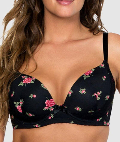 Parfait Casey Contour Plunge Bra - Black with Rose Print Bras