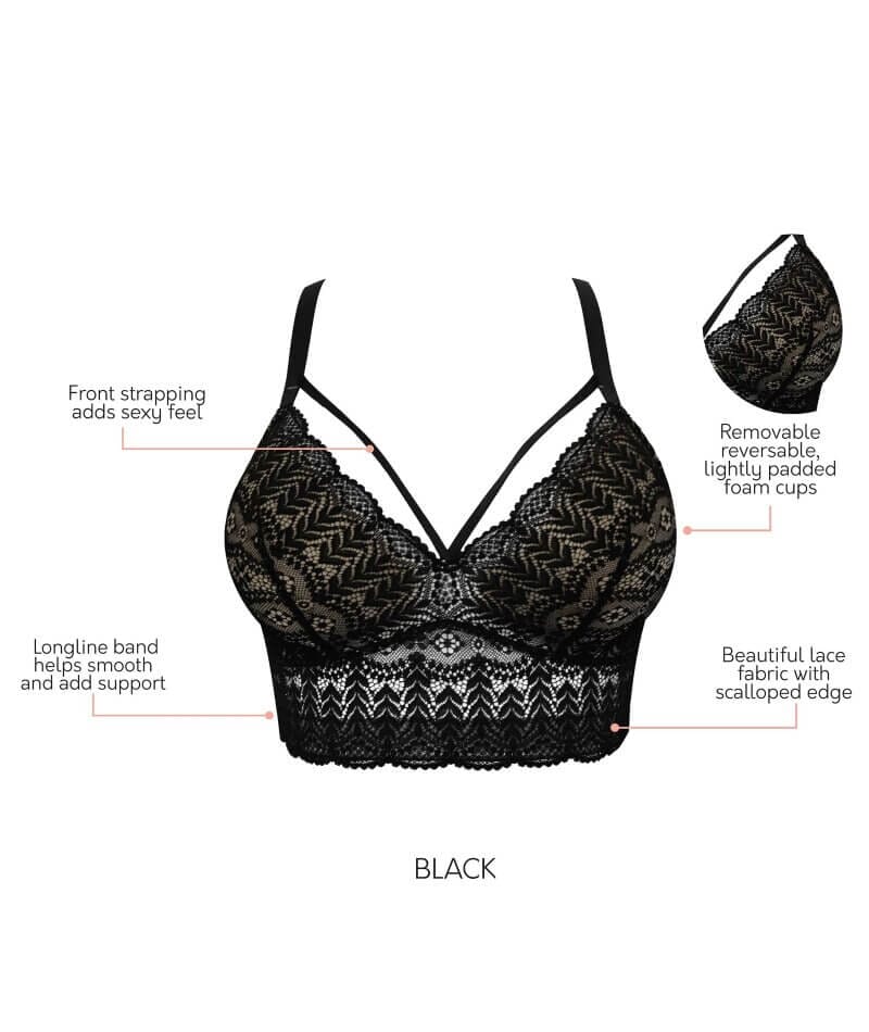 Parfait Mia Wire-free Longline Padded Lace Bralette - Black - Curvy Bras