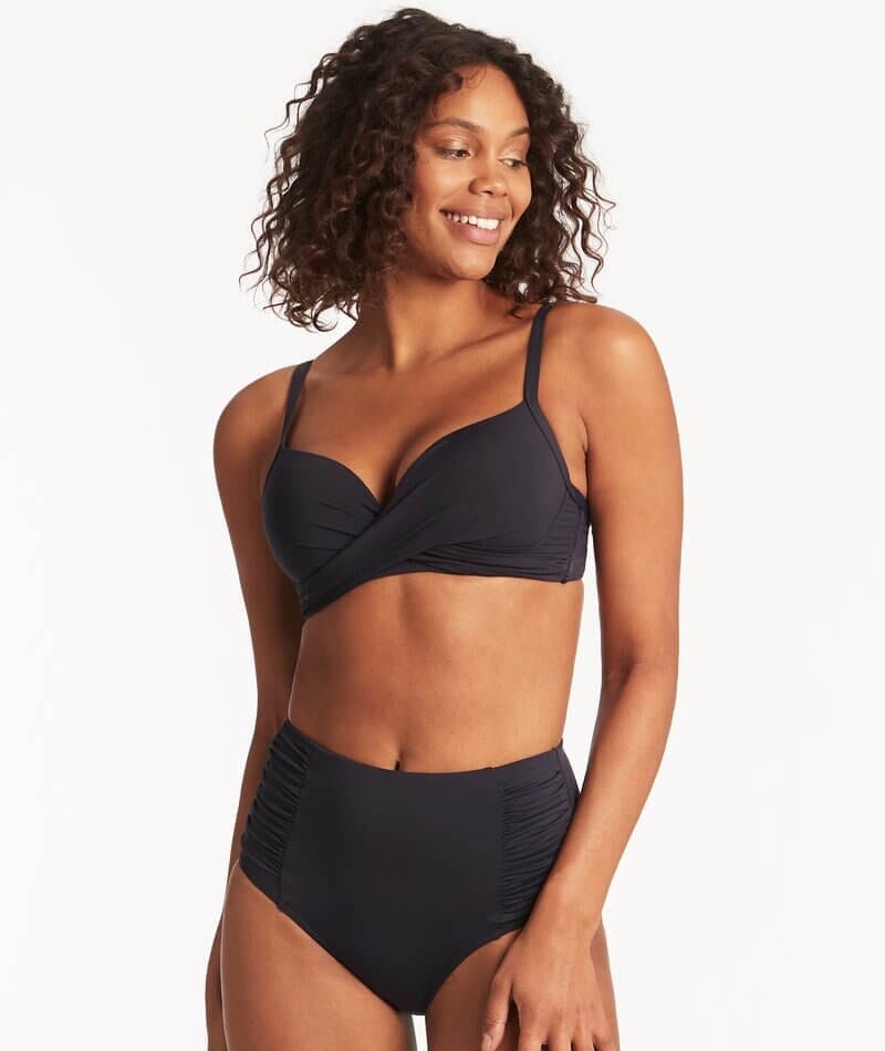 Sea Level Eco Essentials Gathered Side High Waist Bikini Brief - Sky Night Navy Swim