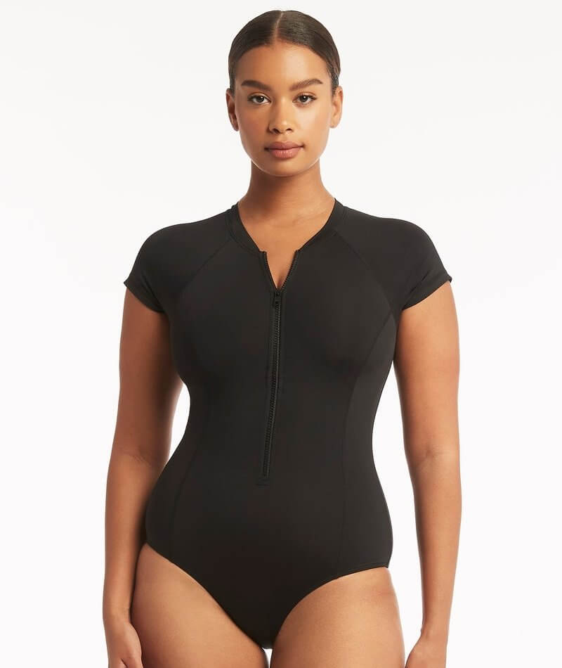 Short-sleeved swim top - Black - Ladies