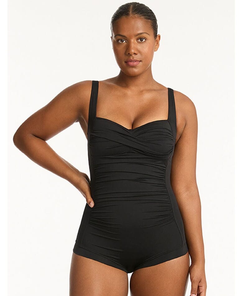 Sea Level Eco Essentials Twist Front A-DD Cup Boyleg One Piece Swimsuit - Black Swim
