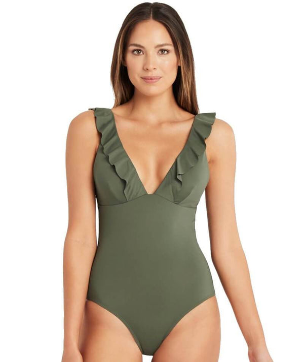 Sea Level Eco Essentials Frill One Piece Swimsuit Khaki Curvy Bras