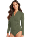 Sea Level Essentials Long Sleeved Rash Vest - Full Zipper - Khaki Swim