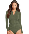 Sea Level Essentials Long Sleeved Rash Vest - Full Zipper - Khaki Swim