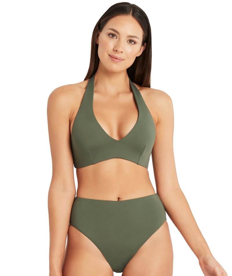 Sea Level Essentials Retro High Waist Bikini Brief - Khaki Swim