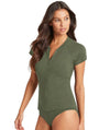 Sea Level Essentials Short Sleeved B-DD Cup Rash Vest - Full Zipper - Khaki Swim