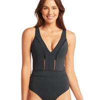 Sea Level Lola Shimmer Spliced Plunge with Ladder Lace One Piece Swimsuit - Charcoal