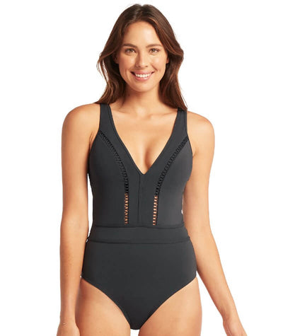 Sea Level Lola Shimmer Spliced Plunge with Ladder Lace One Piece Swimsuit - Charcoal Swim