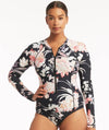 Sea Level Martini Long Sleeved Multifit One Piece Swimsuit - Floral Black Swim