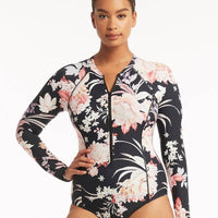 Sea Level Martini Long Sleeved Multifit One Piece Swimsuit - Floral Black